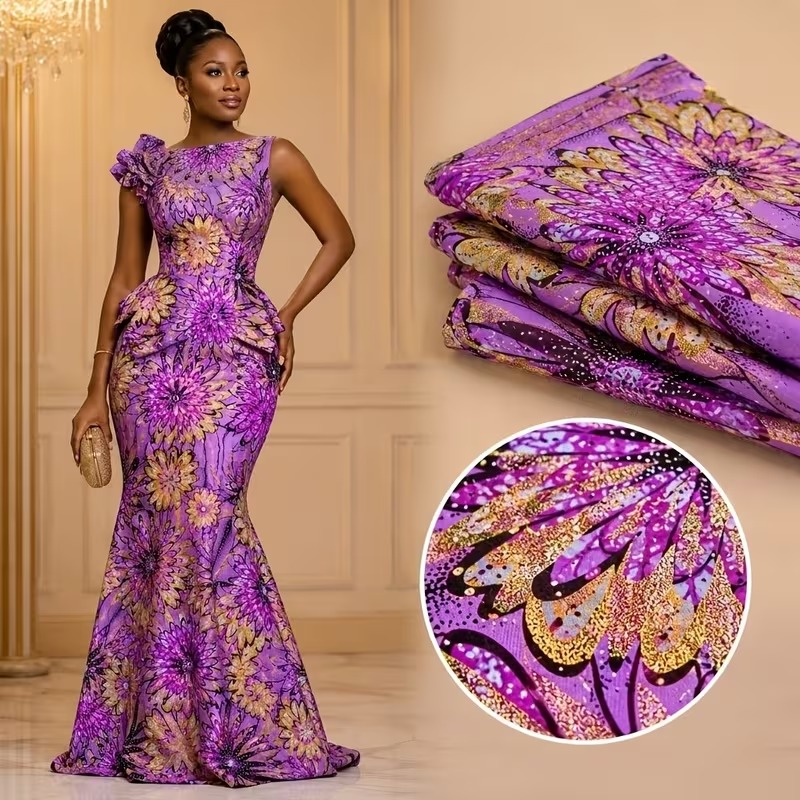 6-Yard Printed Wax Fabric with Decorative Accents for Sewing